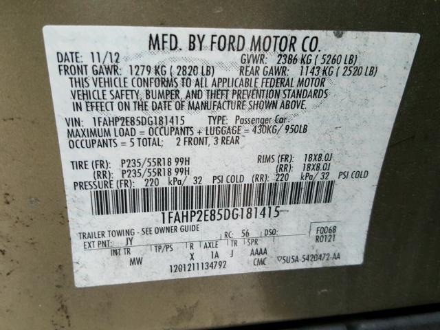 1FAHP2E85DG181415 - 2013 FORD TAURUS SEL BROWN photo 10