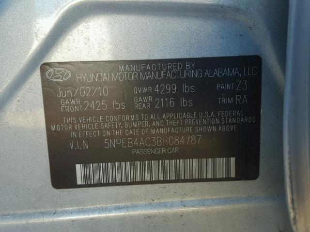 5NPEB4AC3BH084787 - 2011 HYUNDAI SONATA GLS SILVER photo 10