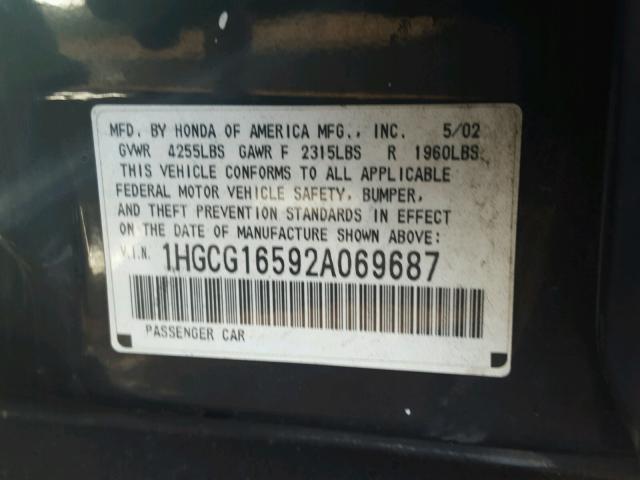 1HGCG16592A069687 - 2002 HONDA ACCORD BLACK photo 10