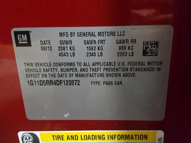 1G11D5RR4DF120872 - 2013 CHEVROLET MALIBU 1LT RED photo 10