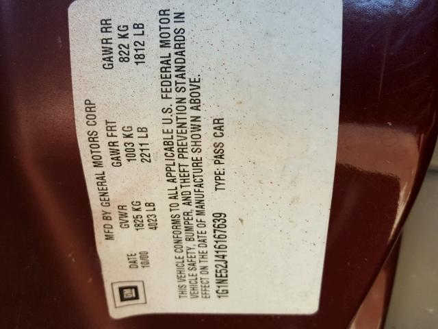 1G1NE52J416167639 - 2001 CHEVROLET MALIBU LS მუქწითელი ფოტო 10