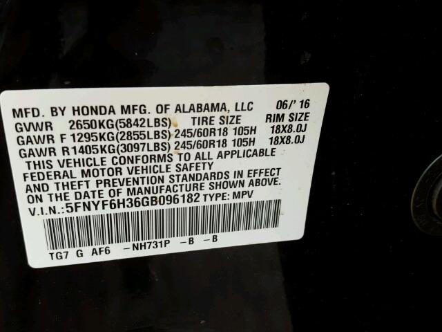 5FNYF6H36GB096182 - 2016 HONDA PILOT EX BLACK photo 10