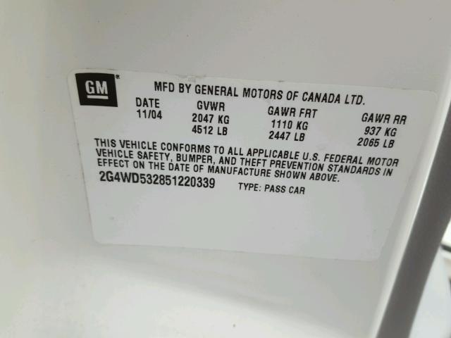 2G4WD532851220339 - 2005 BUICK LACROSSE C WHITE photo 10