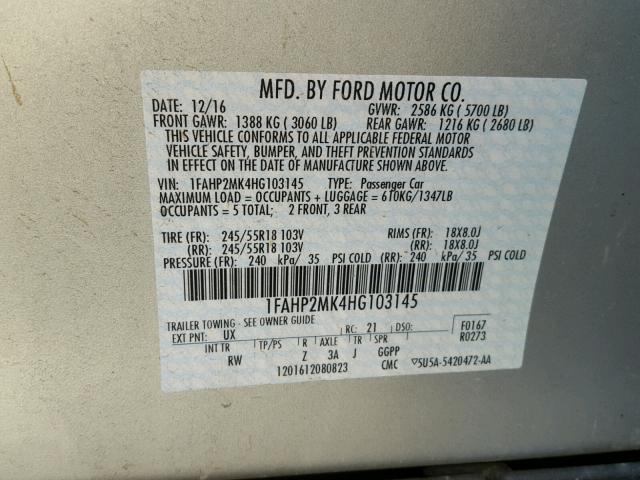 1FAHP2MK4HG103145 - 2017 FORD TAURUS POL SILVER photo 10