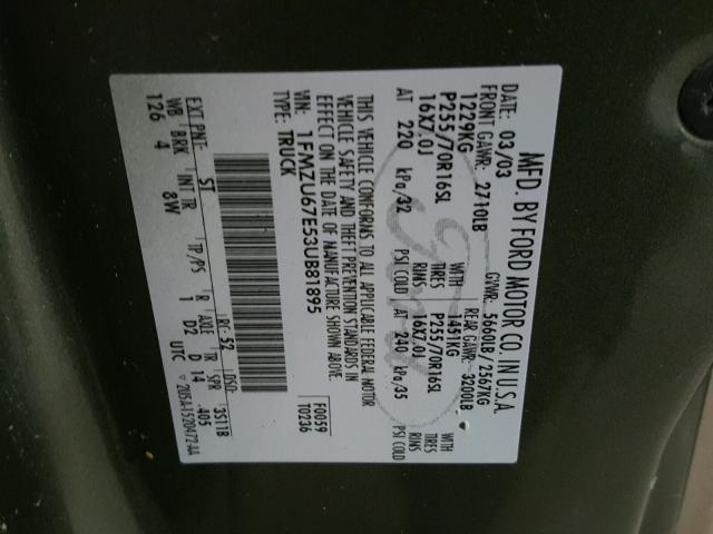 1FMZU67E53UB81895 - 2003 FORD EXPLORER S 绿色 照片 10