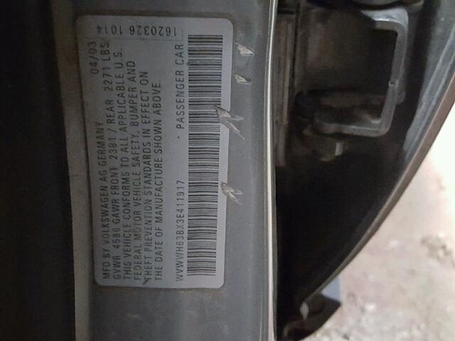 WVWWH63BX3E411917 - 2003 VOLKSWAGEN PASSAT GLX GRAY photo 10