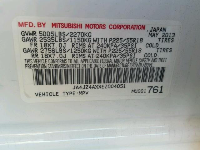 JA4JZ4AXXEZ004051 - 2014 MITSUBISHI OUTLANDER WHITE photo 10