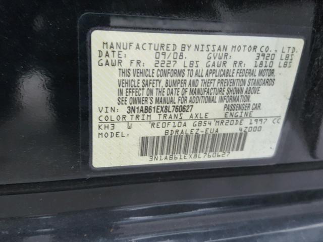 3N1AB61EX8L760627 - 2008 NISSAN SENTRA 2.0 BLACK photo 10