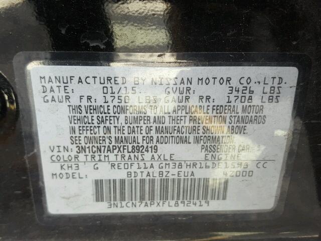 3N1CN7APXFL892419 - 2015 NISSAN VERSA S BLACK photo 10