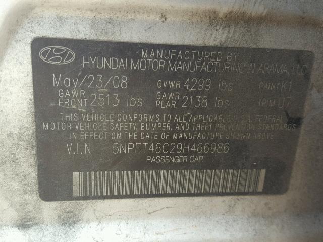 5NPET46C29H466986 - 2009 HYUNDAI SONATA GLS SILVER photo 10