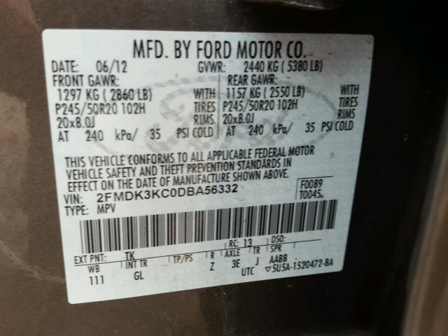 2FMDK3KC0DBA56332 - 2013 FORD EDGE LIMIT GRAY photo 10