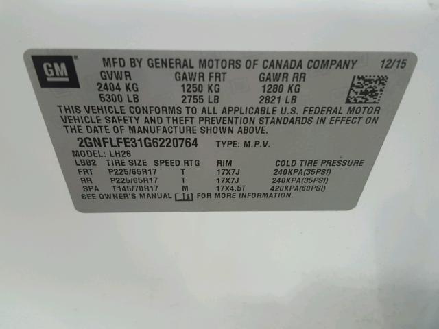 2GNFLFE31G6220764 - 2016 CHEVROLET EQUINOX LT WHITE photo 10