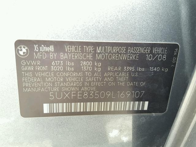 5UXFE83509L169107 - 2009 BMW X5 XDRIVE4 GRAY photo 10