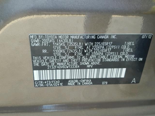 2T3ZF4DV6CW133364 - 2012 TOYOTA RAV4 BROWN photo 10