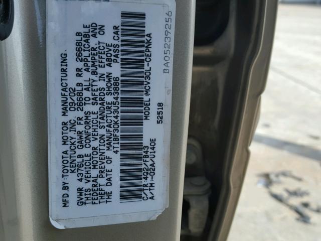 4T1BF30K43U543886 - 2003 TOYOTA CAMRY LE GOLD photo 10