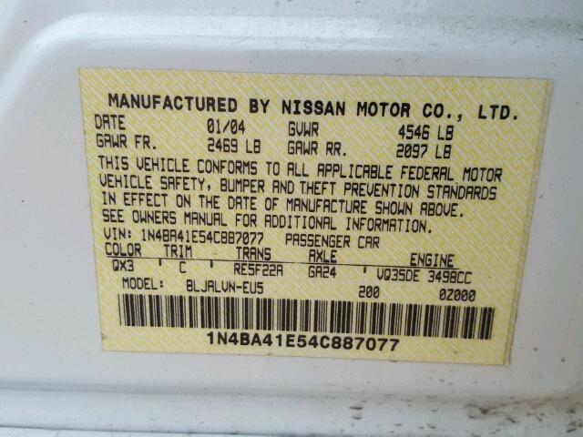 1N4BA41E54C887077 - 2004 NISSAN MAXIMA SE WHITE photo 10