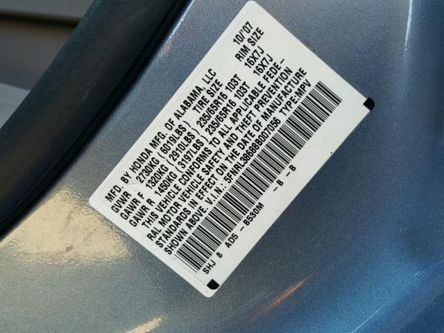 5FNRL38688B007056 - 2008 HONDA ODYSSEY EX BLUE photo 10