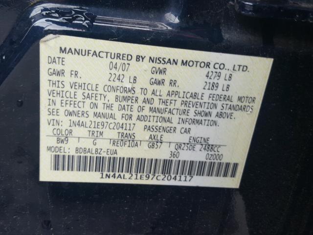 1N4AL21E97C204117 - 2007 NISSAN ALTIMA 2.5 BLUE photo 10