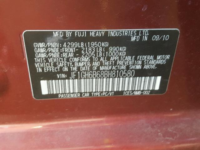 JF1GH6B68BH810580 - 2011 SUBARU IMPREZA 2. MAROON photo 10