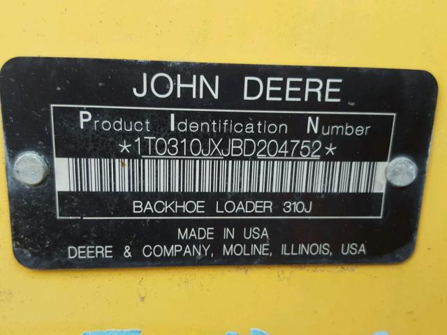 1T0310JXJBD204752 - 2011 JOHN DEERE 310SJ YELLOW photo 10