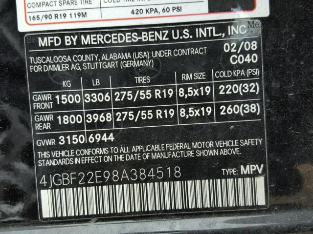 4JGBF22E98A384518 - 2008 MERCEDES-BENZ GL 320 CDI BLACK photo 10