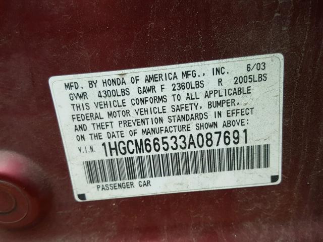 1HGCM66533A087691 - 2003 HONDA ACCORD EX MAROON photo 10