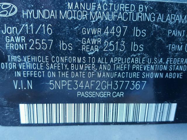 5NPE34AF2GH377367 - 2016 HYUNDAI SONATA SPO GRAY photo 10