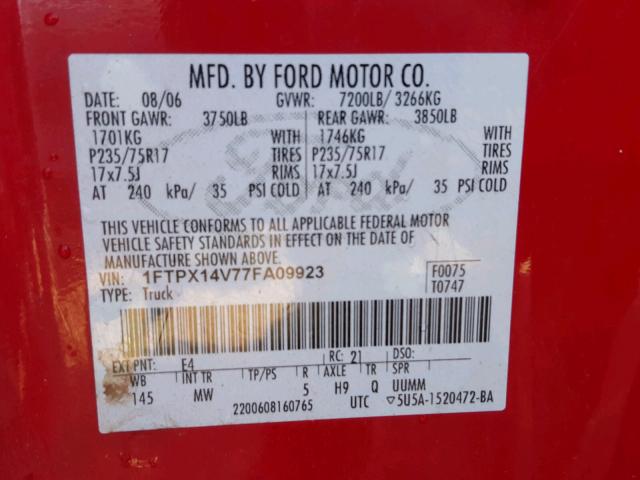 1FTPX14V77FA09923 - 2007 FORD F150 RED photo 10