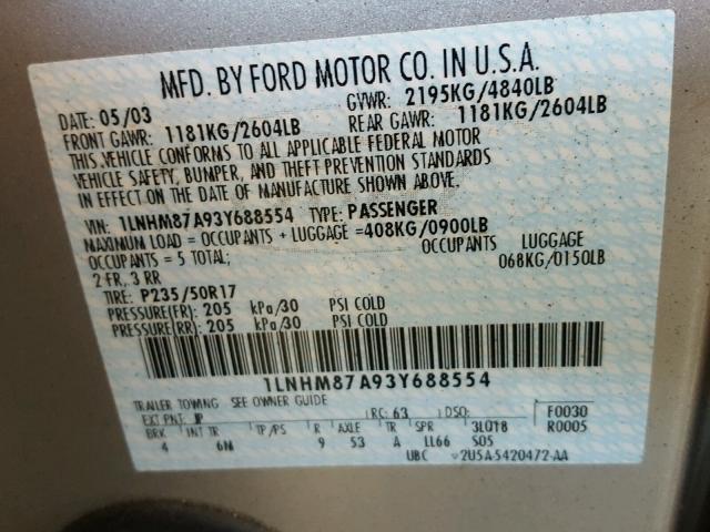 1LNHM87A93Y688554 - 2003 LINCOLN LS 金色 照片 10