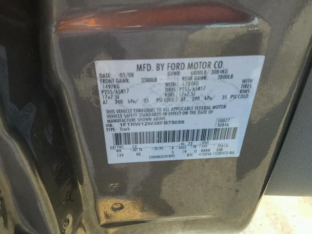 1FTRW12W38FB75056 - 2008 FORD F150 SUPER CHARCOAL photo 10