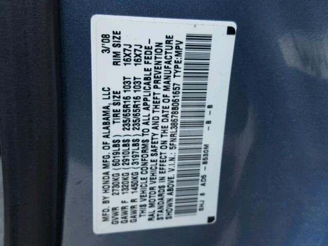 5FNRL38678B061657 - 2008 HONDA ODYSSEY EX BLUE photo 10