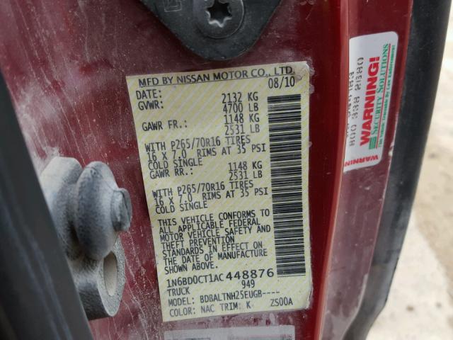 1N6BD0CT1AC448876 - 2010 NISSAN FRONTIER K RED photo 10