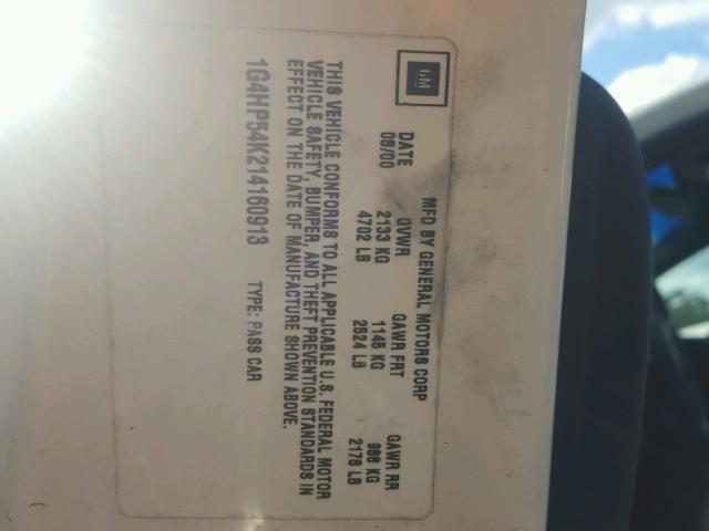 1G4HP54K214160913 - 2001 BUICK LESABRE CU WHITE photo 10