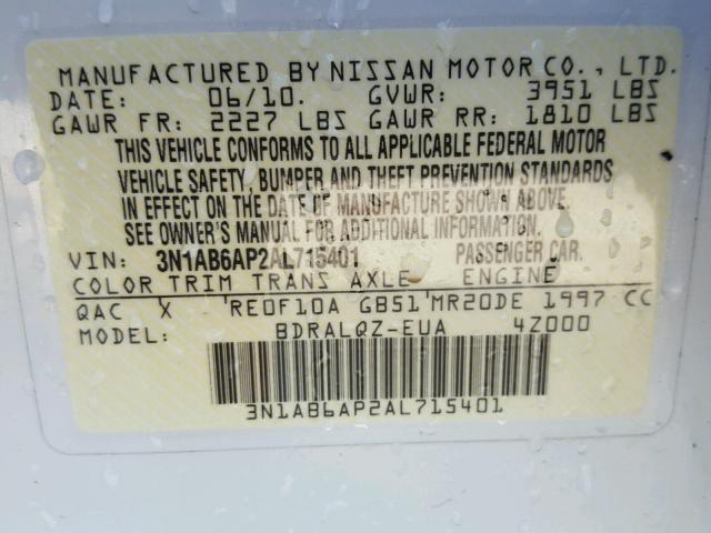 3N1AB6AP2AL715401 - 2010 NISSAN SENTRA 2.0 WHITE photo 10