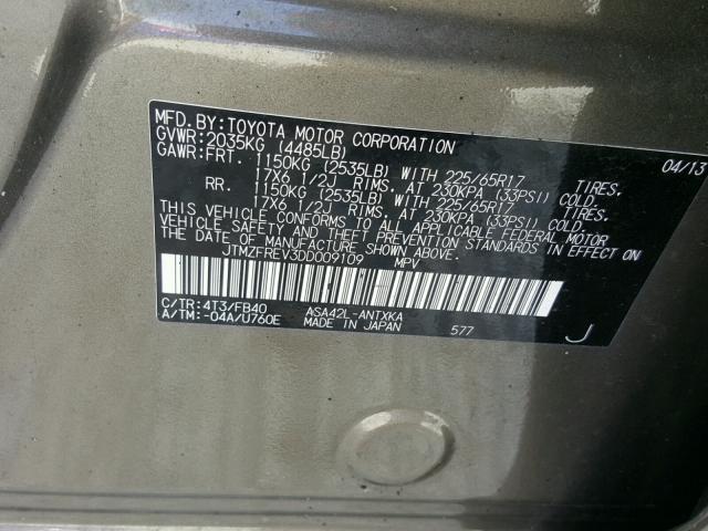 JTMZFREV3DD009109 - 2013 TOYOTA RAV4 LE SILVER photo 10