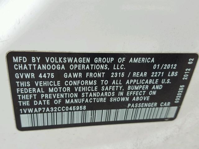 1VWAP7A32CC045958 - 2012 VOLKSWAGEN PASSAT S Սպիտակ լուսանկար 10