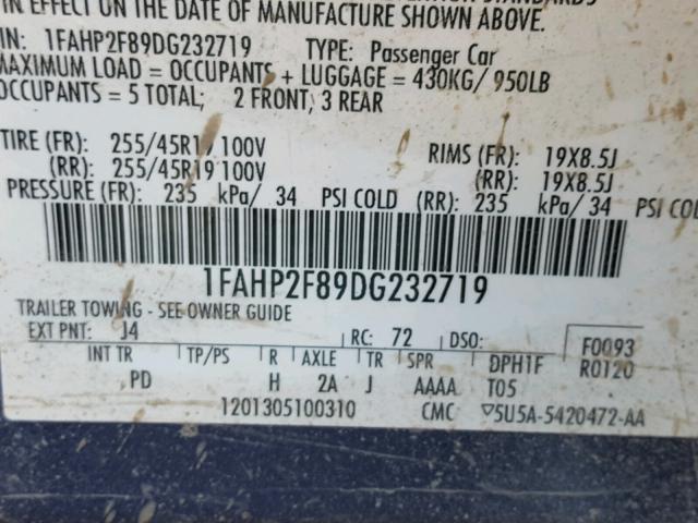 1FAHP2F89DG232719 - 2013 FORD TAURUS LIM BLUE photo 10