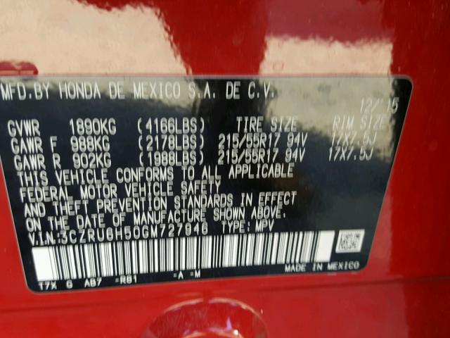 3CZRU6H50GM727946 - 2016 HONDA HR-V EX RED photo 10