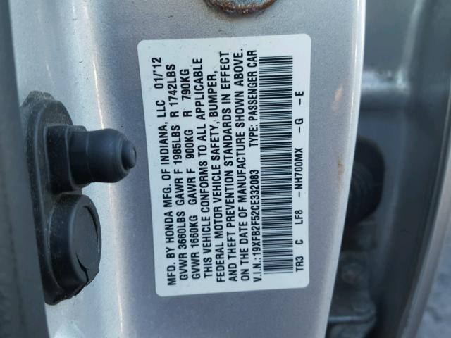 19XFB2F52CE332083 - 2012 HONDA CIVIC LX SILVER photo 10