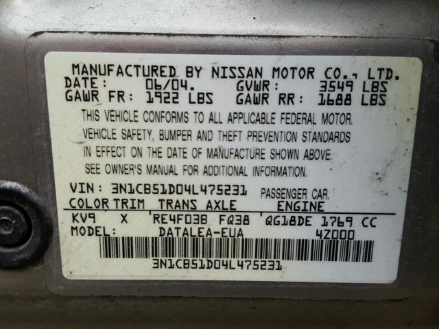 3N1CB51D04L475231 - 2004 NISSAN SENTRA 1.8 GRAY photo 10