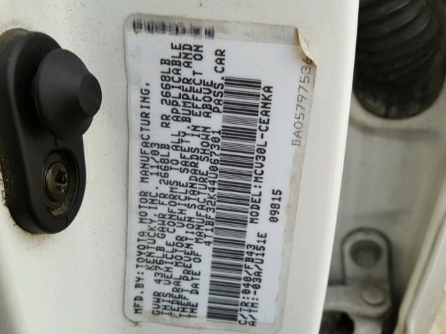 4T1BF32K44U067301 - 2004 TOYOTA CAMRY LE თეთრი ფოტო 10
