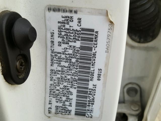 4T1BF32K44U067301 - 2004 TOYOTA CAMRY LE WHITE photo 10