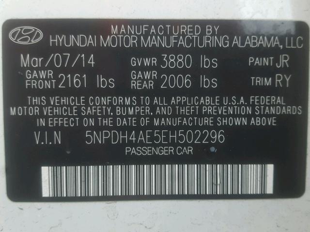 5NPDH4AE5EH502296 - 2014 HYUNDAI ELANTRA SE WHITE photo 10