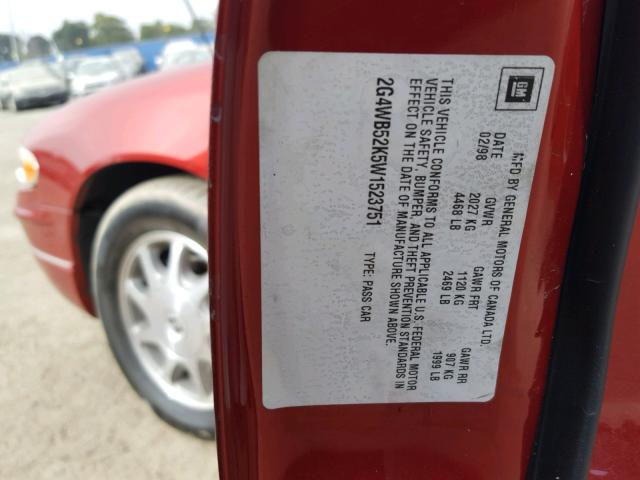 2G4WB52K5W1523751 - 1998 BUICK REGAL LS BURGUNDY photo 10