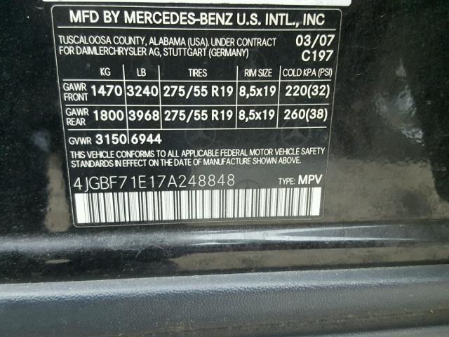 4JGBF71E17A248848 - 2007 MERCEDES-BENZ GL450 BLACK photo 10