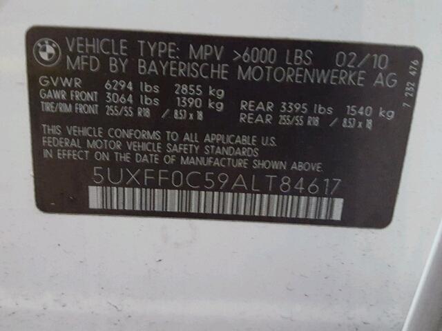 5UXFF0C59ALT84617 - 2010 BMW X5 XDRIVE3 WHITE photo 10