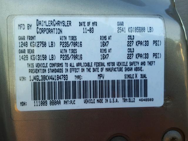 1J4GL38KX4W184793 - 2004 JEEP LIBERTY RE BROWN photo 10