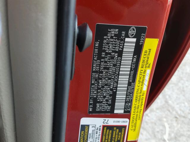 4T1BF3EK7AU029939 - 2010 TOYOTA CAMRY BASE RED photo 10