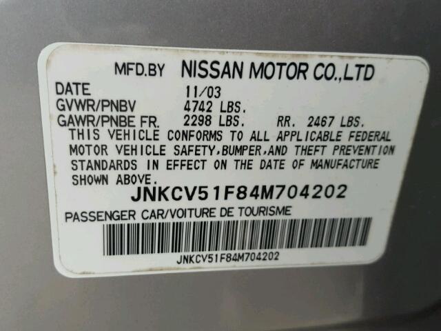 JNKCV51F84M704202 - 2004 INFINITI G35 SILVER photo 10