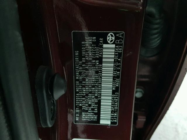 5YFBURHE9HP581338 - 2017 TOYOTA COROLLA L BURGUNDY photo 10